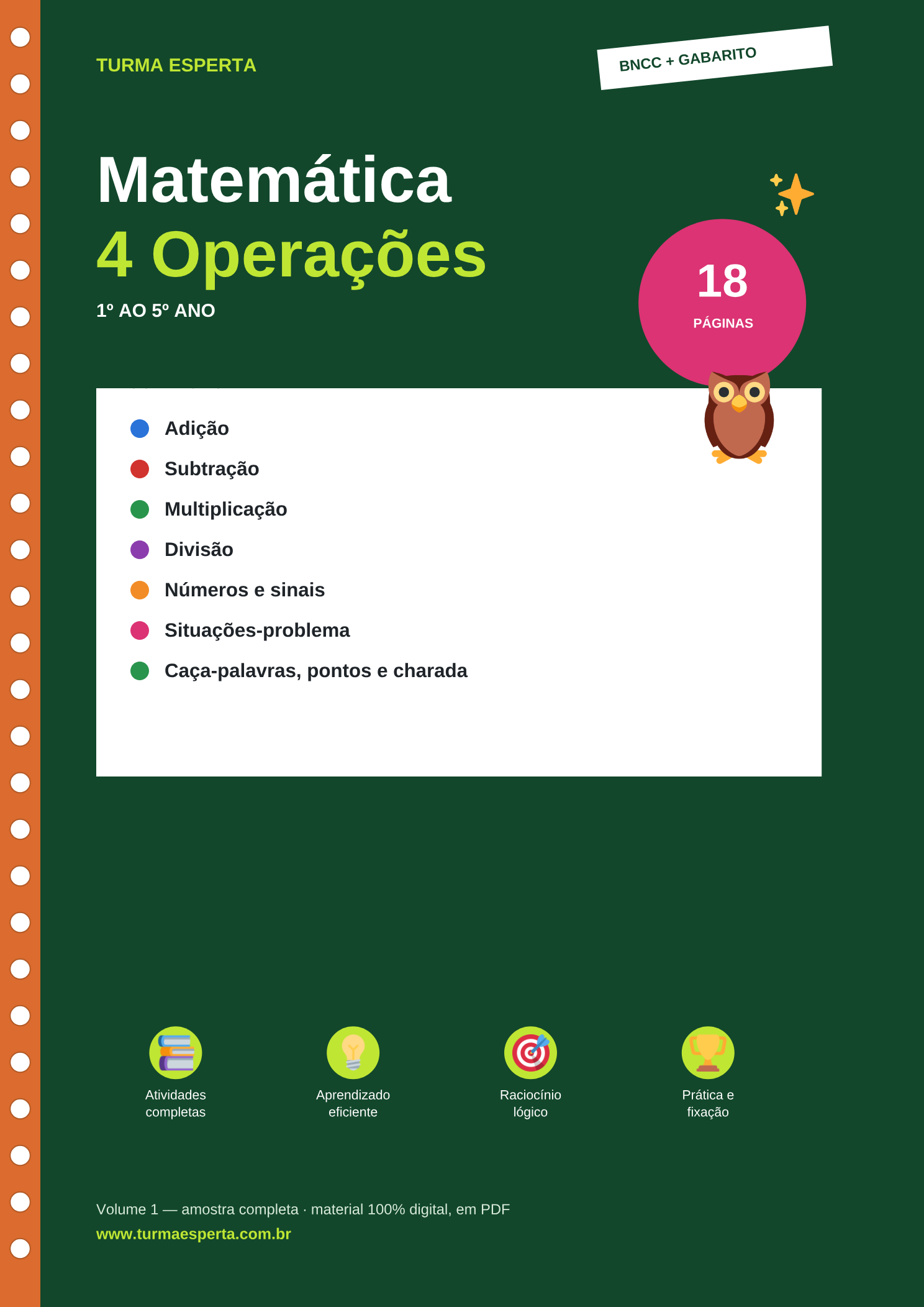 Capa do material Matemática 4 Operações, com mascote coruja
