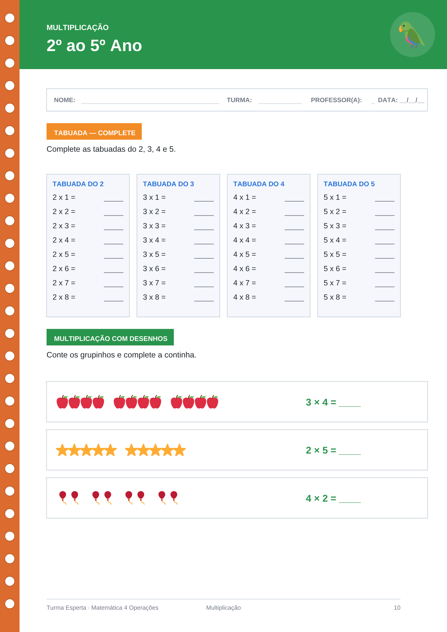 Página de multiplicação com desenhos de maçãs, estrelas e balões pra contar